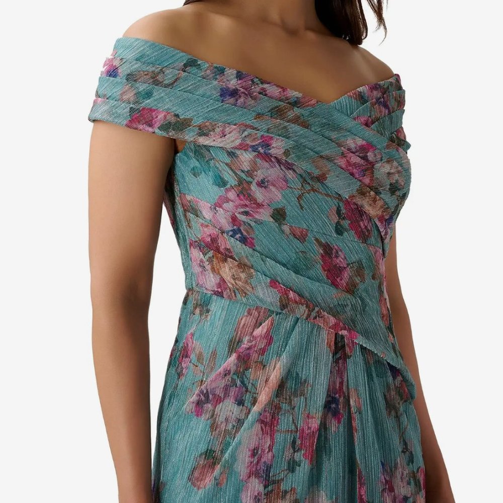 ADRIANNA PAPELL Floral Print Off The Shoulder Metallic Mesh Gown